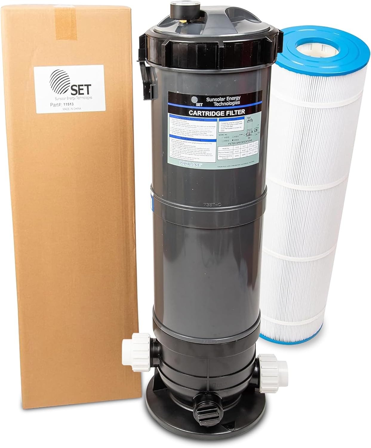 SET SUNSOLAR ENERGY TECHNOLOGIES Pool Cartridge Filter System 120SF Filter Area for Pools up to 20 000 Gallons. Union Fittings for 1.5" Pipe Included.