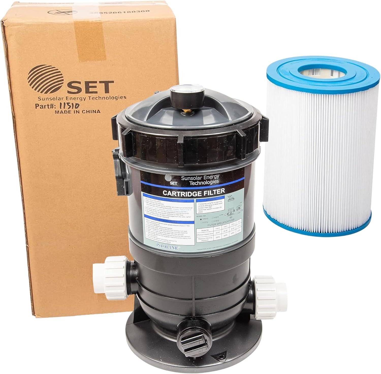 SET SUNSOLAR ENERGY TECHNOLOGIES Pool Cartridge Filter System 30SF Filter Area for Pools up to 5000 Gallons. Union Fittings for 1.5" Pipe Included.