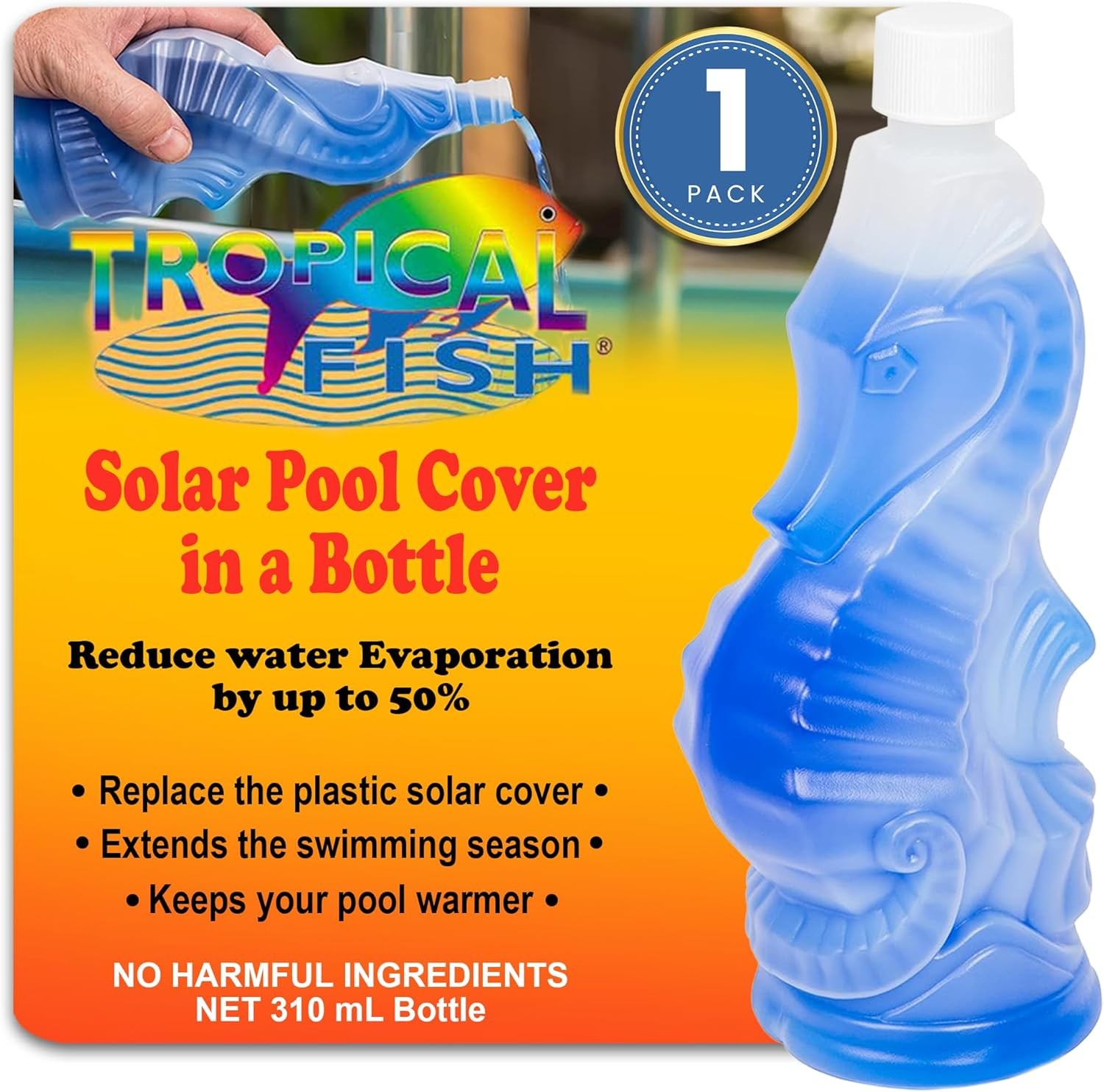 TROPICAL FISH LIQUID SOLAR BLANKET - Liquid Heat - Solar Pool Cover in a Bottle - Reduce Evaporation, Conserve Heat - 310 mL