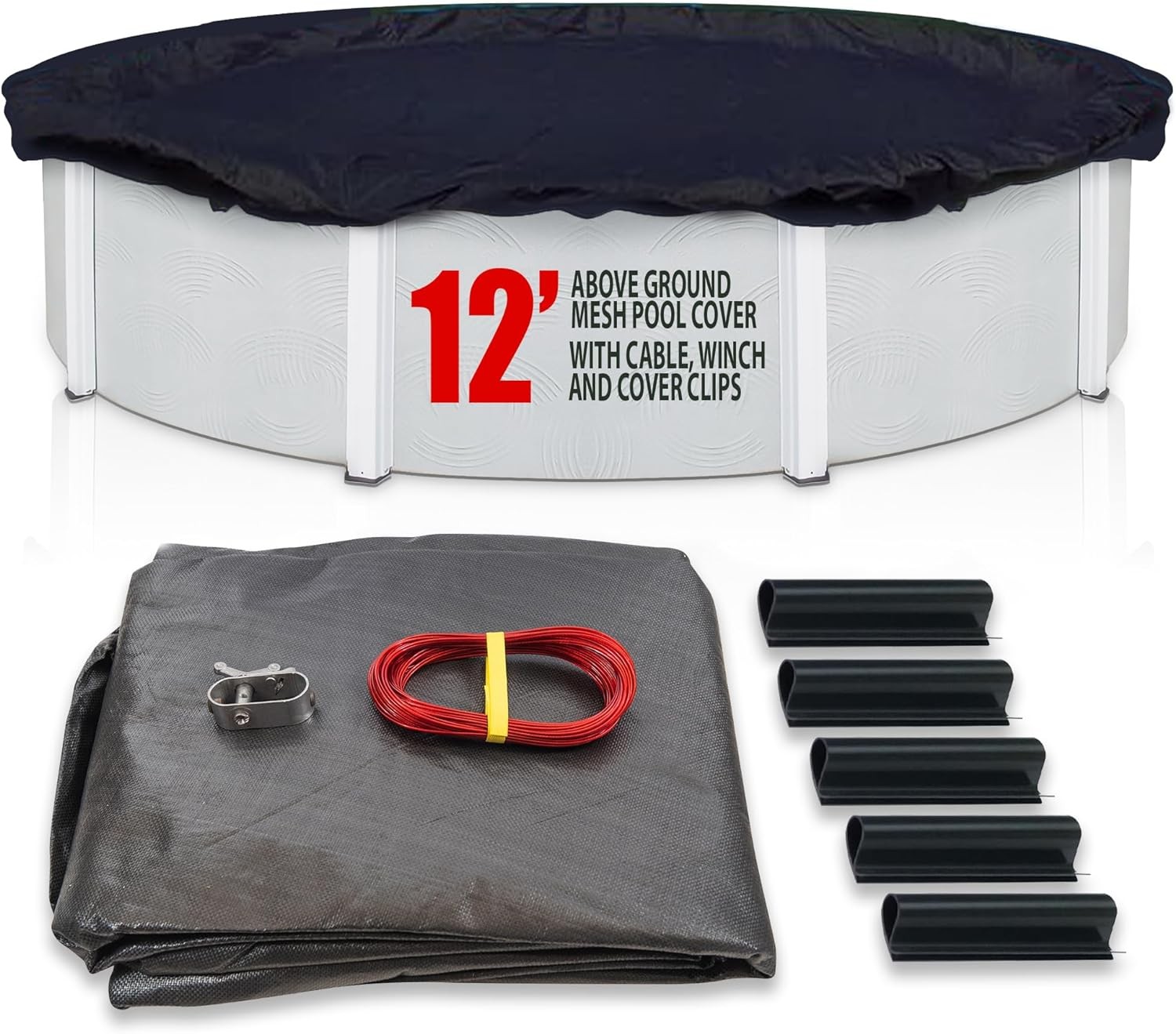 SET SunSolar Energy Technologies- MESH Above Ground Winter Pool Cover for 12 Foot Round Swimming Pool - Winter Pool Cover with Sturdy Cable and Winch 8-Yr warranty. Cover Clips Included.