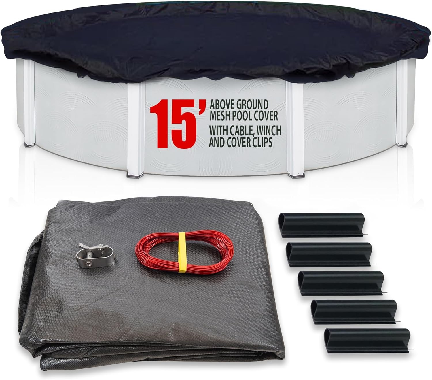 SET SunSolar Energy Technologies- MESH Above Ground Winter Pool Cover for 15 Foot Round Swimming Pool - Winter Pool Cover with Sturdy Cable and Winch 8-Yr warranty. Cover Clips Included.