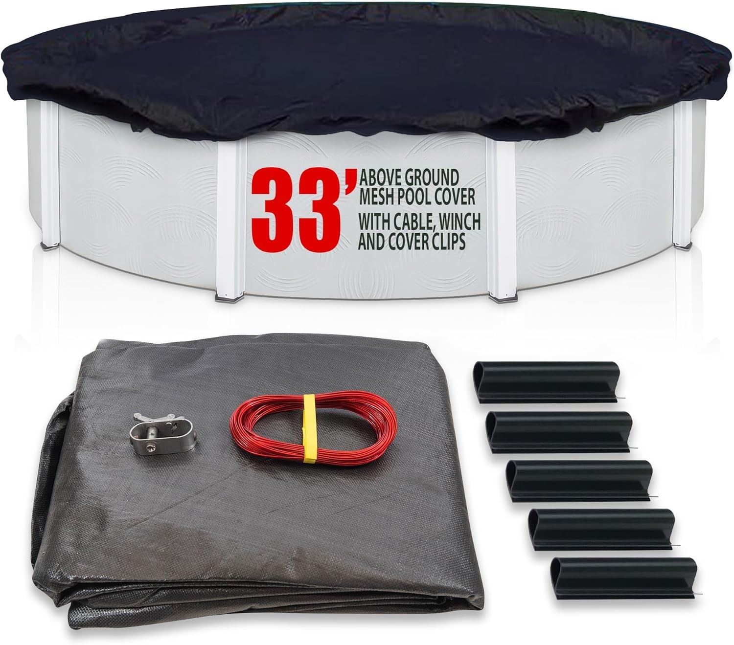 SET SunSolar Energy Technologies- MESH Above Ground Winter Pool Cover for 33 Foot Round Swimming Pool - Winter Pool Cover with Sturdy Cable and Winch 8-Yr warranty. Cover Clips Included.