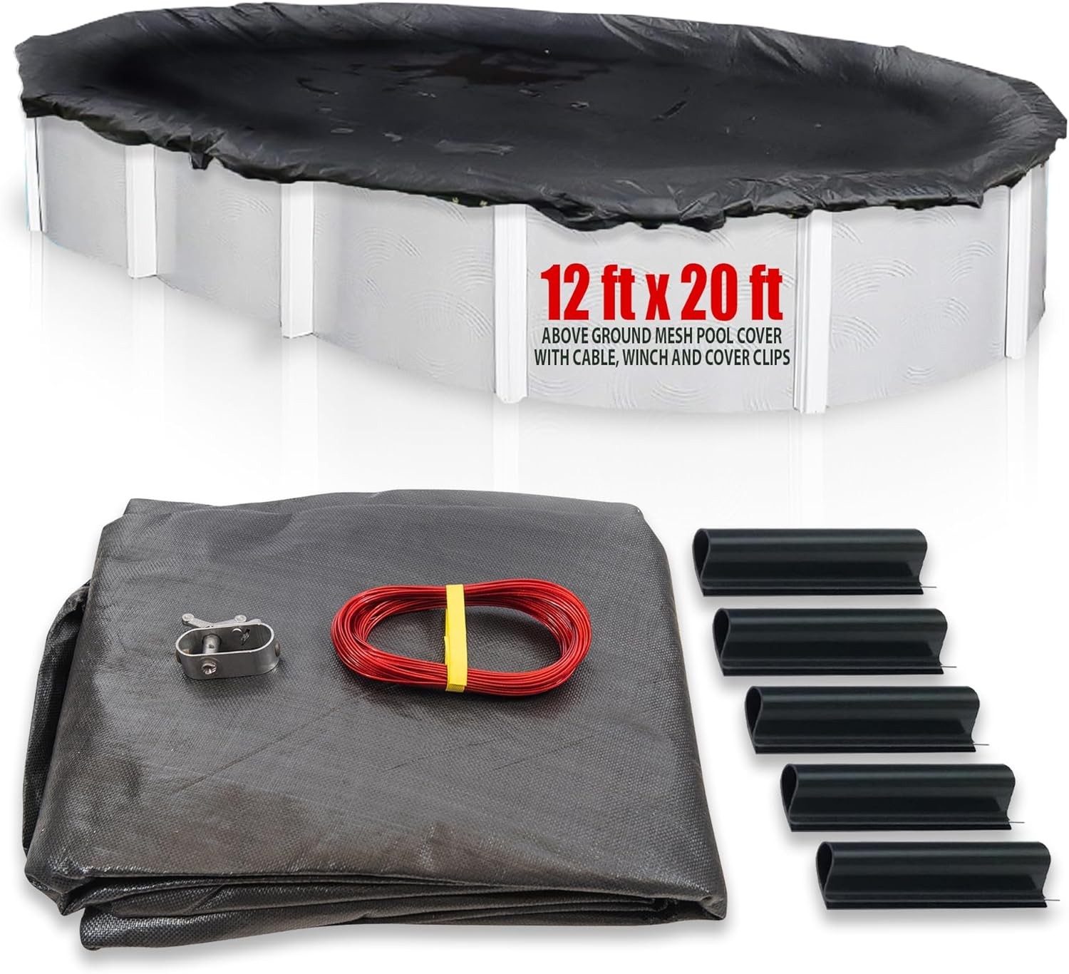SET SunSolar Energy Technologies-  MESH Above Ground Winter Pool Cover for 12x20 Foot Oval Swimming Pool - Winter Pool Cover with Sturdy Cable and Winch 8-Yr warranty. Cover Clips Included.