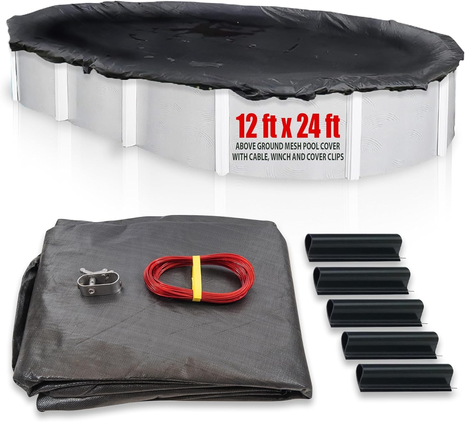 SET SunSolar Energy Technologies-  MESH Above Ground Winter Pool Cover for 12x24 Foot Oval Swimming Pool - Winter Pool Cover with Sturdy Cable and Winch 8-Yr warranty. Cover Clips Included.