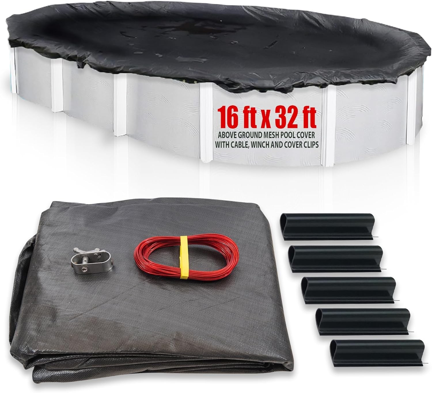 SET SunSolar Energy Technologies-  MESH Above Ground Winter Pool Cover for 16x32 Foot Oval Swimming Pool - Winter Pool Cover with Sturdy Cable and Winch 8-Yr warranty. Cover Clips Included.