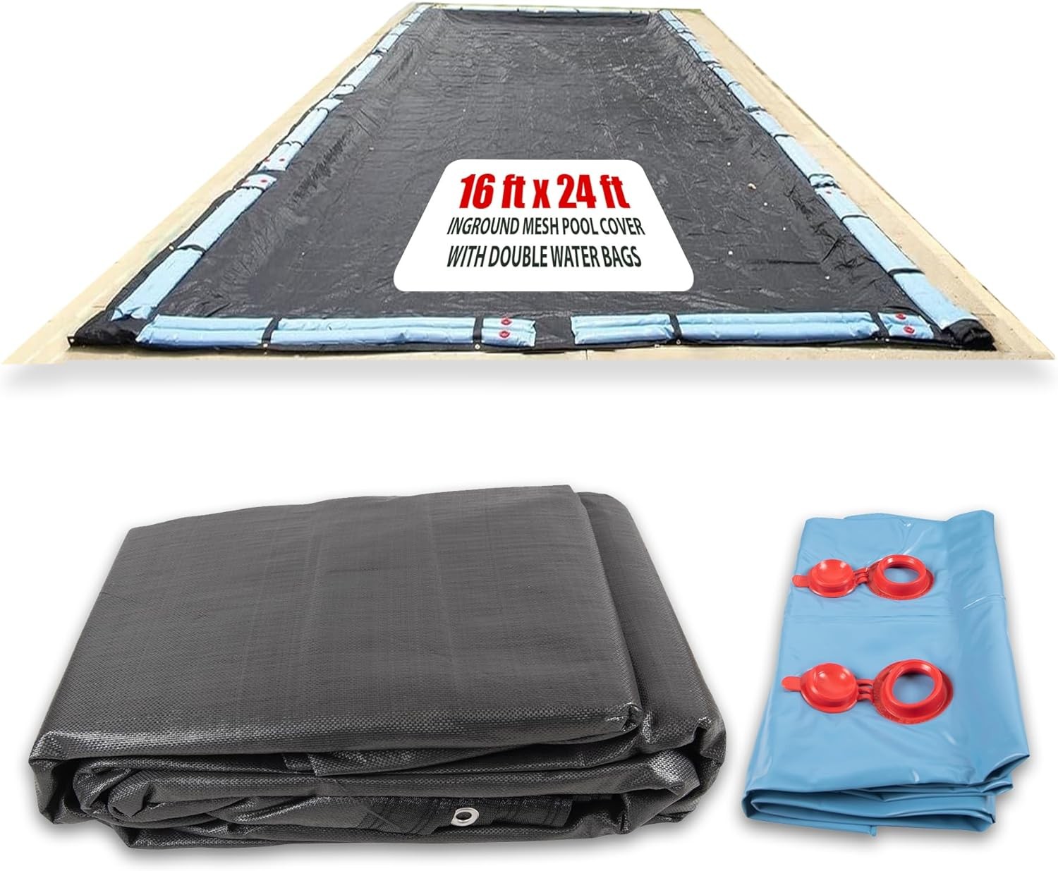 SET SunSolar Energy Technologies- MESH InGround Winter Pool Cover for 16x24 Foot Rectanglel Swimming Pool - Winter Pool Cover has durable Loops 8-Yr warranty. 8ft Double Water Bags Included.