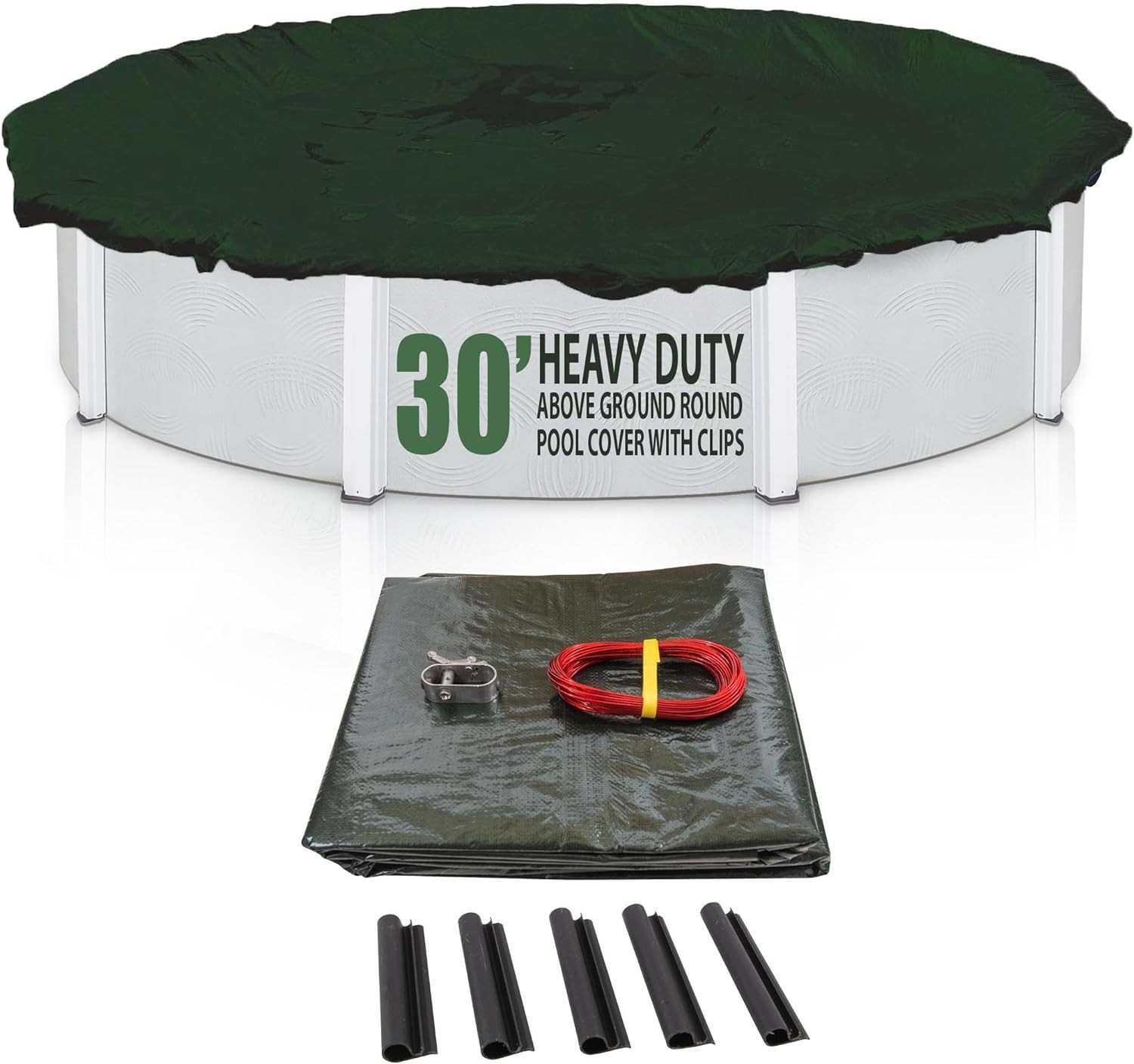 SET SunSolar Energy Technologies-  Heavy Duty series Above Ground Solid Pool Cover for 30 Foot Round Swimming Pool - Winter Pool Cover with Sturdy Cable and Winch 12-Yr warranty. Cover Clips Included.