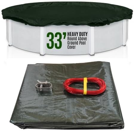 SET SunSolar Energy Technologies-  Heavy Duty series Above Ground Solid Pool Cover for 33 Foot Round Swimming Pool - Winter Pool Cover with Sturdy Cable and Winch 12-Yr warranty. Cover Clips Included.