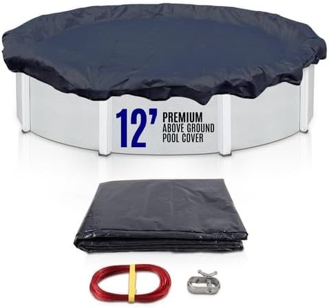 SET SunSolar Energy Technologies-  Premium series Above Ground Solid Pool Cover for 12 Foot Round Swimming Pool - Winter Pool Cover with Sturdy Cable and Winch 8-Yr warranty