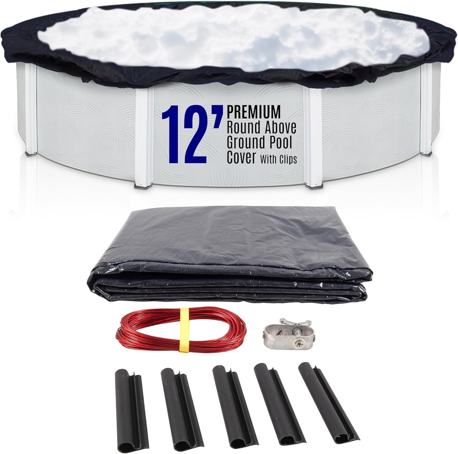 SET SunSolar Energy Technologies-  Premium series Above Ground Solid Pool Cover for 12 Foot Round Swimming Pool - Winter Pool Cover with Sturdy Cable and Winch 8-Yr warranty. Cover Clips Included.