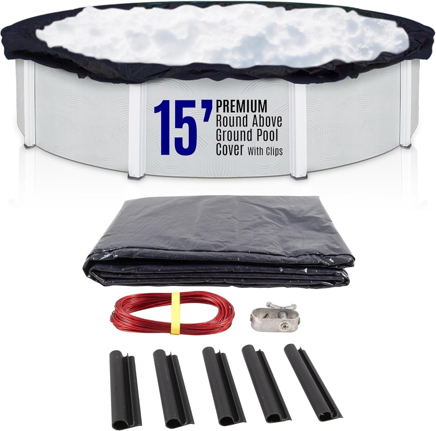 SET SunSolar Energy Technologies-  Premium series Above Ground Solid Pool Cover for 15 Foot Round Swimming Pool - Winter Pool Cover with Sturdy Cable and Winch 8-Yr warranty. Cover Clips Included.