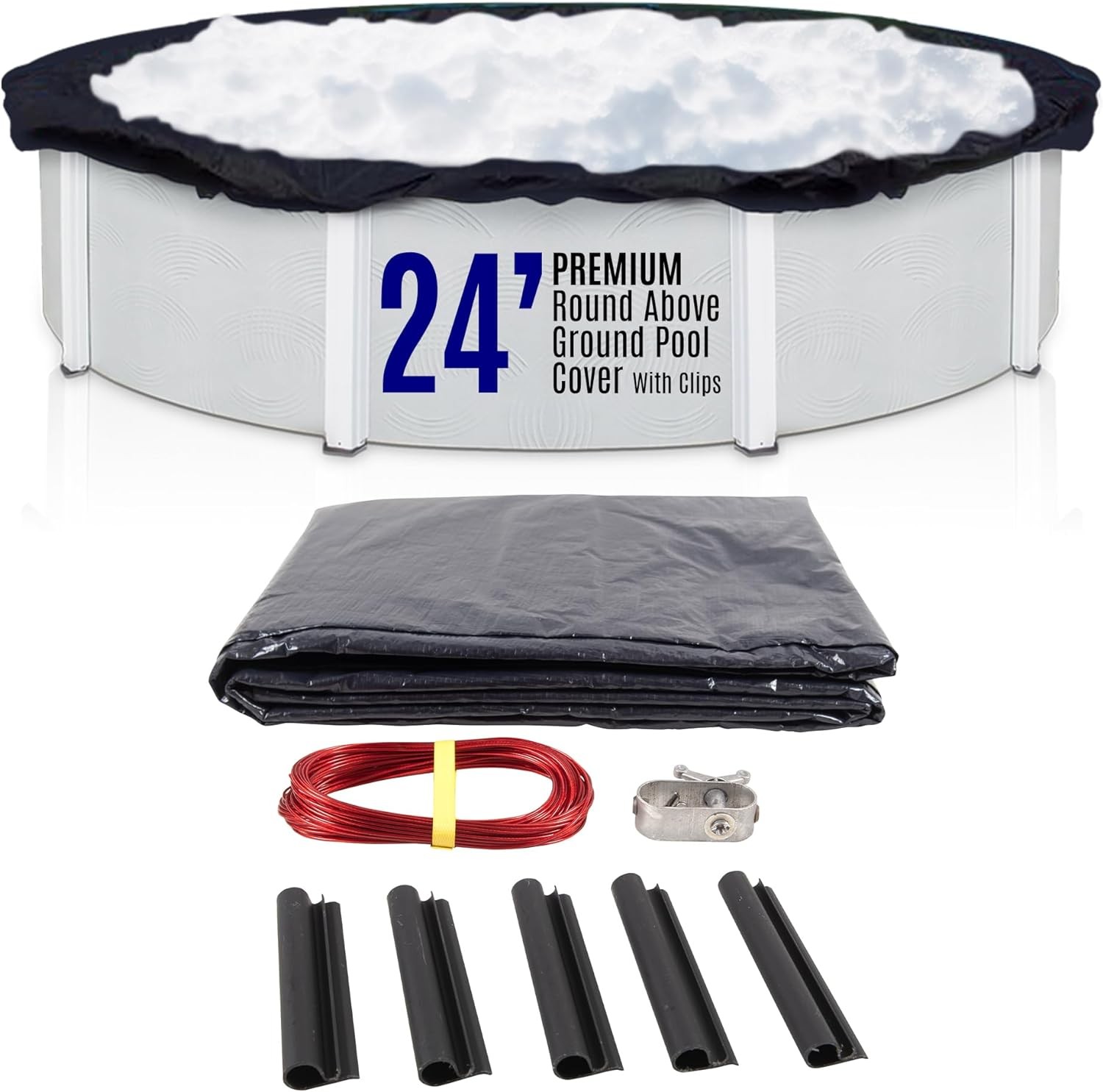 SET SunSolar Energy Technologies-  Premium series Above Ground Solid Pool Cover for 24 Foot Round Swimming Pool - Winter Pool Cover with Sturdy Cable and Winch 8-Yr warranty. Cover Clips Included.