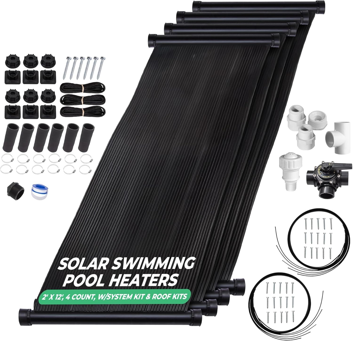 4-2X12' SunQuest Solar Swimming Pool Heater Complete System with Roof Kits