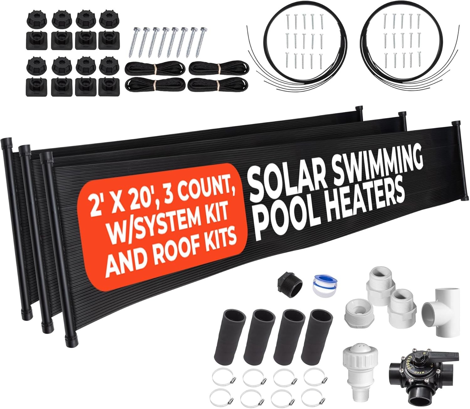 3-2X20' SunQuest Solar Swimming Pool Heater Complete System with Roof Kits